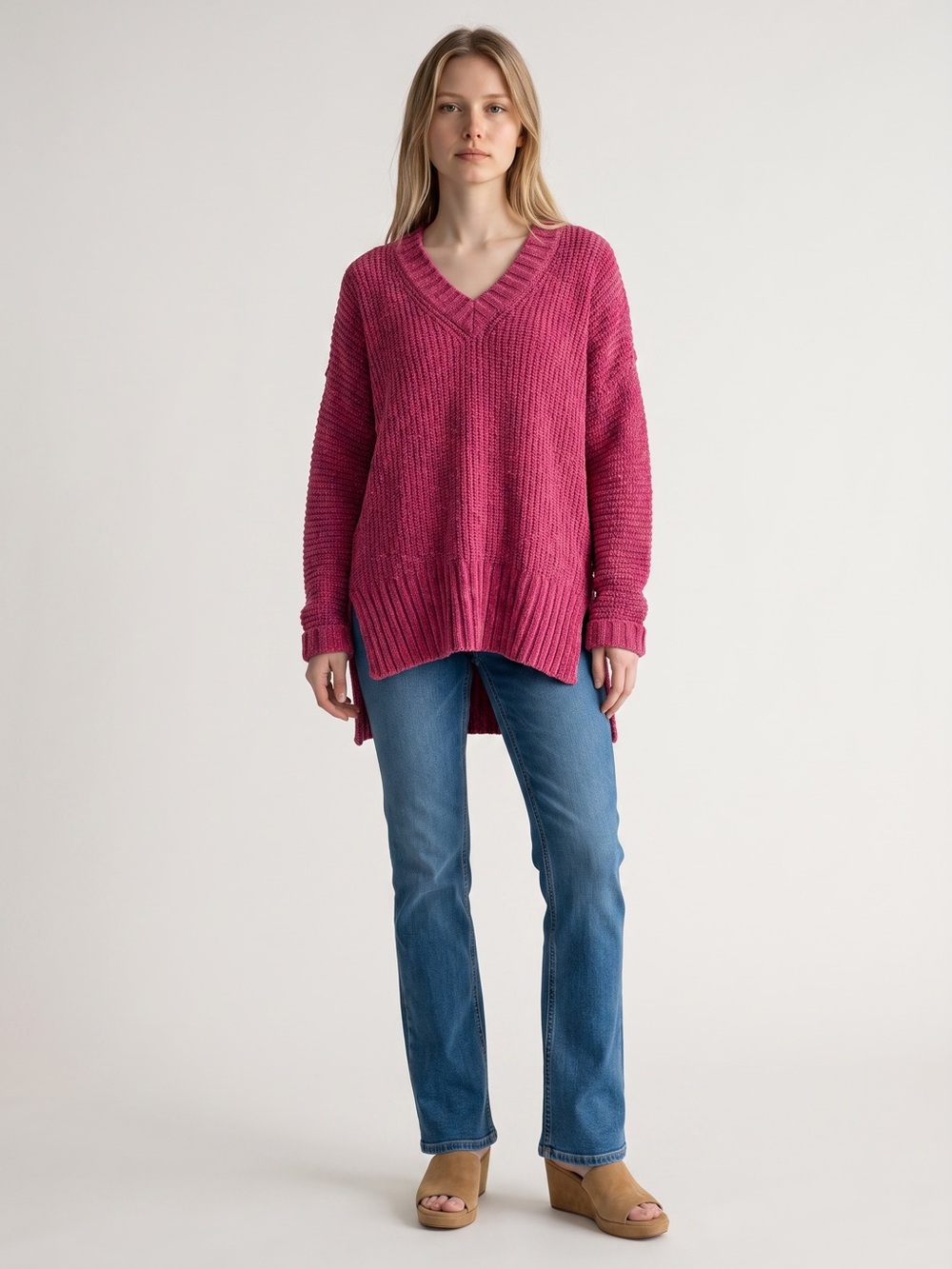 Umgee Raspberry Pink V-Neck Chunky Knit Sweater
